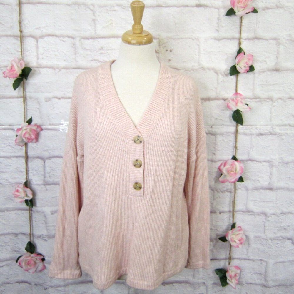 J. Jill Cozy Ribbed Waffle Knit Button Henley Mink Pink V Neck Sweater Top sz. M